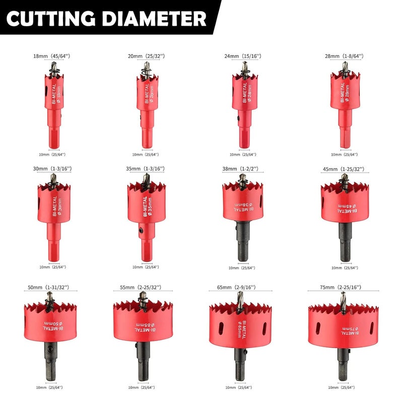 dashap 12PCS Bi-Metal Carbide Hole Saw Kit with Drill Bits for Thin Metal and Wood,Cutting Diameter 45/64'' to 2-15/16'',for Gerneral Purpose - Image 2